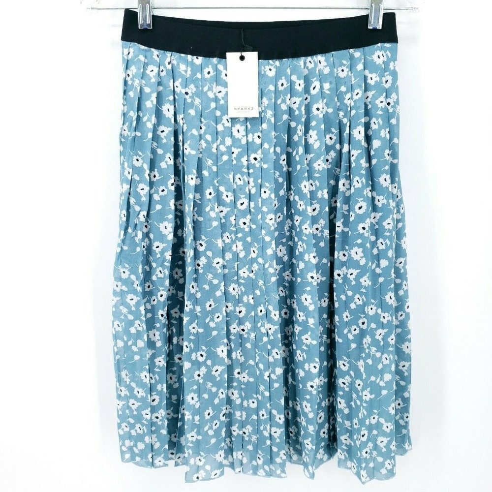 SPARKZ COPENHAGEN Floral Blue Pleated Skirt Elastic Waist Light Blue